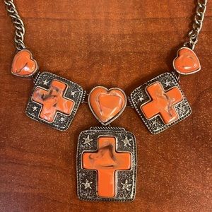 Beautiful Coral Colored Cross Heart Necklace Women’s Adjustable Western Bohemian